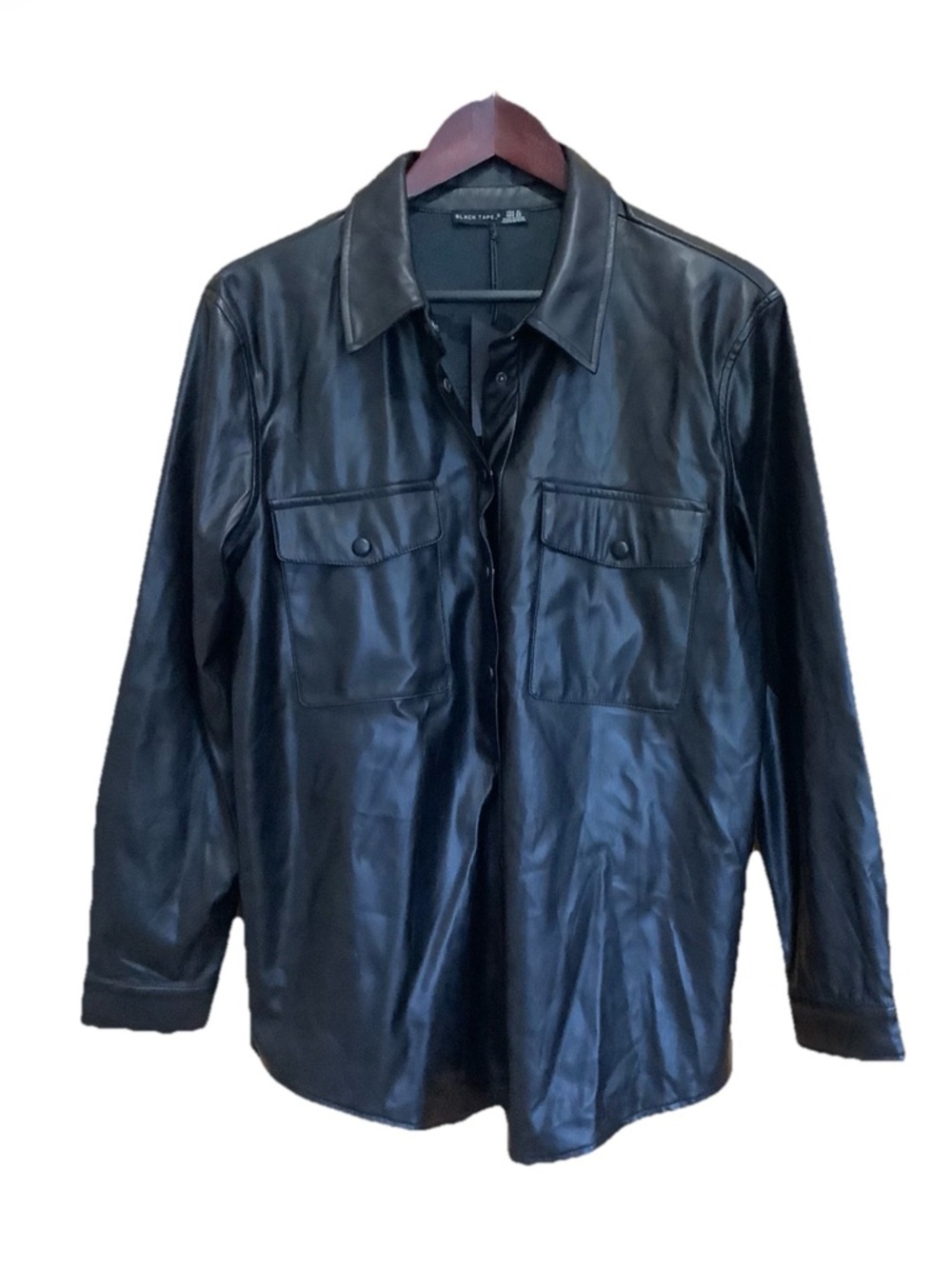 Black Tape_  Women’s Black Faux Leather Shirt Jacket with Flap Pockets